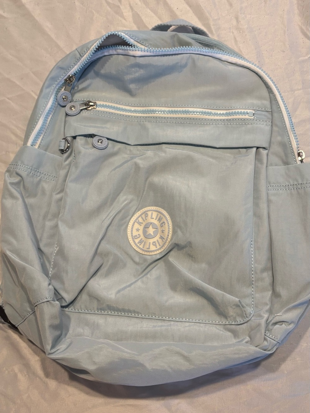 Kipling Pale Blue Nylon Backpack with Front Zip Pocket